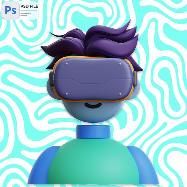 Avatar humano 3D com óculos VR Render Icon Isolado Ilustração PNG Template PSD