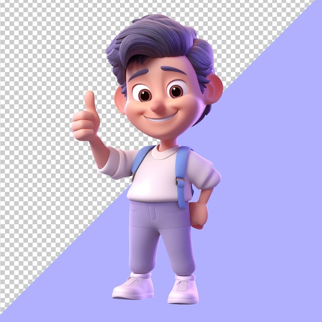 PSD avatar de niño 3d estudiante alegre en 3d dando un pulgar hacia arriba lindo estudiante en 3d mostrando un gesto de aprobación