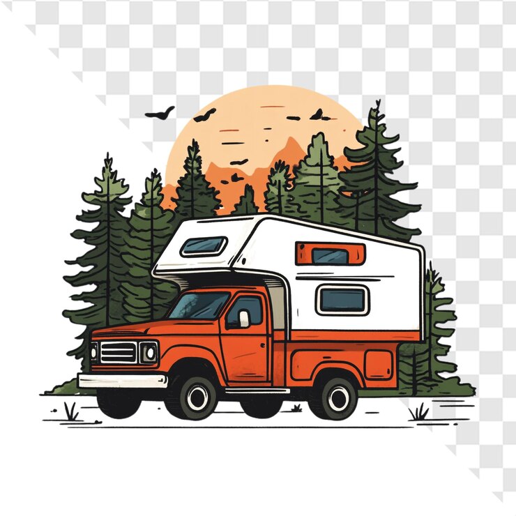 PSD aventura de campervan numa floresta tranquila, pôr do sol, fuga serena.