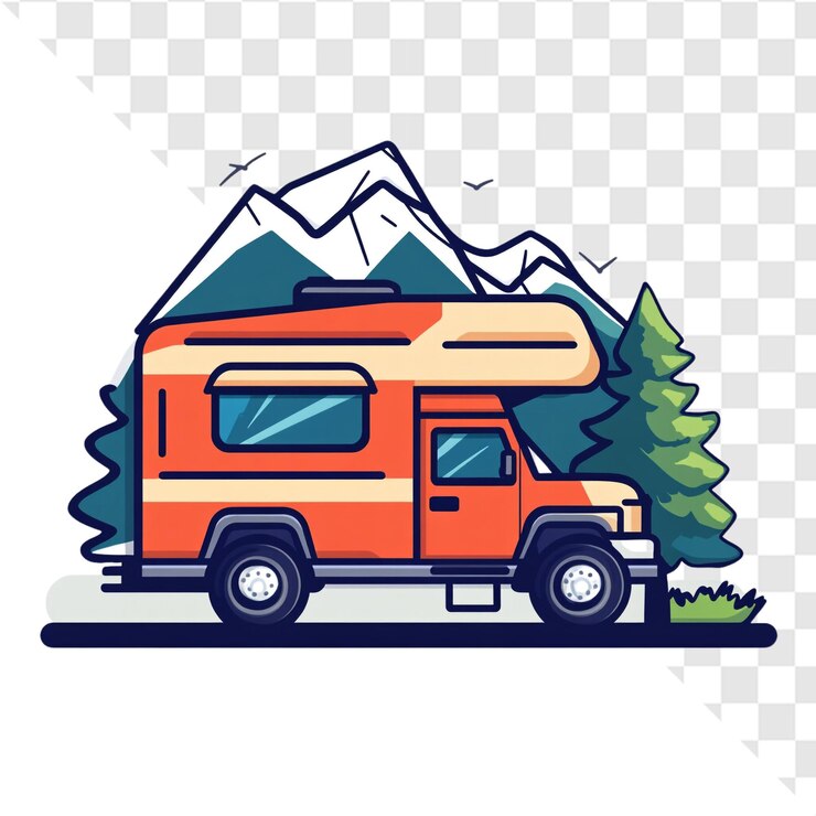 PSD aventura de caravana laranja em montanhas majestosas viagem alegre
