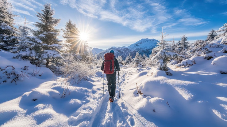 PSD aventura de senderismo de invierno un viaje en solitario a través de las montañas nevadas