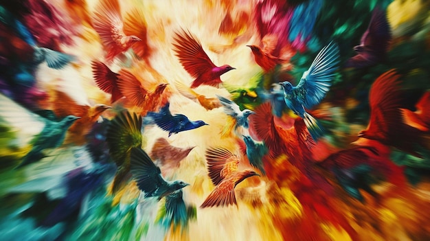 Aves de colores vibrantes en un vuelo dinámico que crean una explosión de color y movimiento