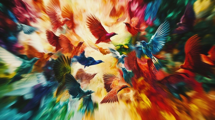 PSD aves de colores vibrantes en un vuelo dinámico que crean una explosión de color y movimiento