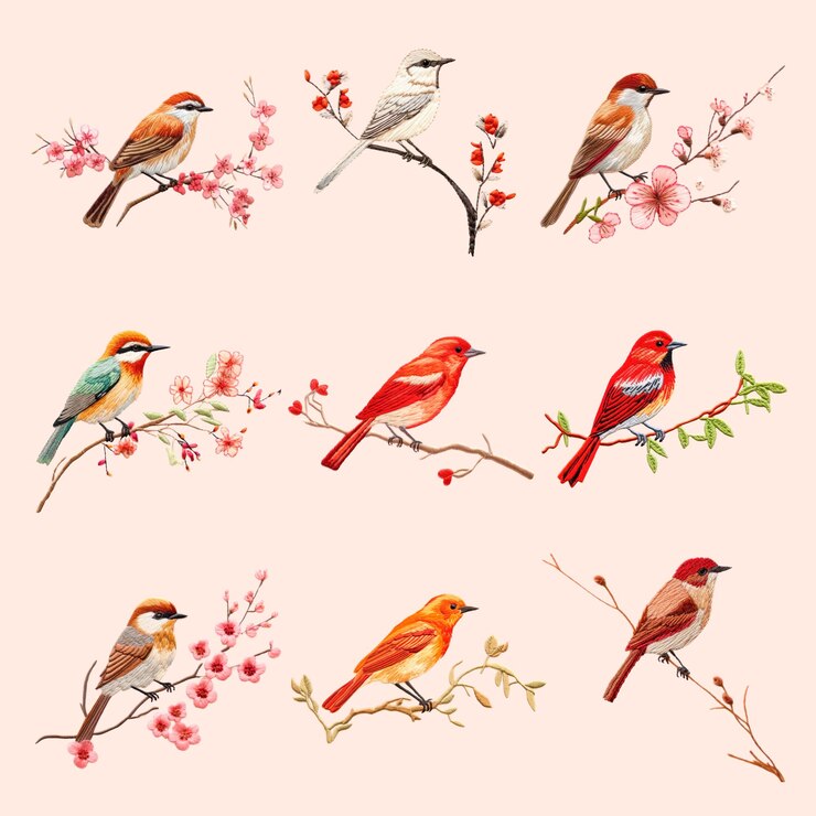 PSD aves coloridas en ramas florales conjunto de elementos de diseño psd