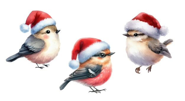 PSD aves de navidad en un sombrero de papá noel en una ilustración de acuarela en una rama de árbol