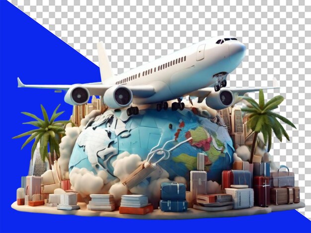 PSD avião 3d com paisagem de destino de viagem em fundo transparente