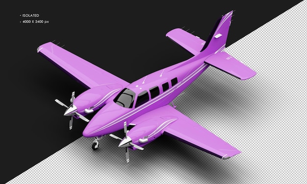 Avião de motor duplo de hélice gêmea roxo brilhante realista isolado da vista frontal superior esquerda