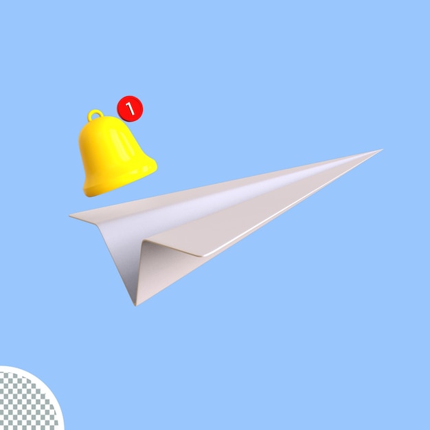 avião de papel de renderização 3D com sino de notificação isolado