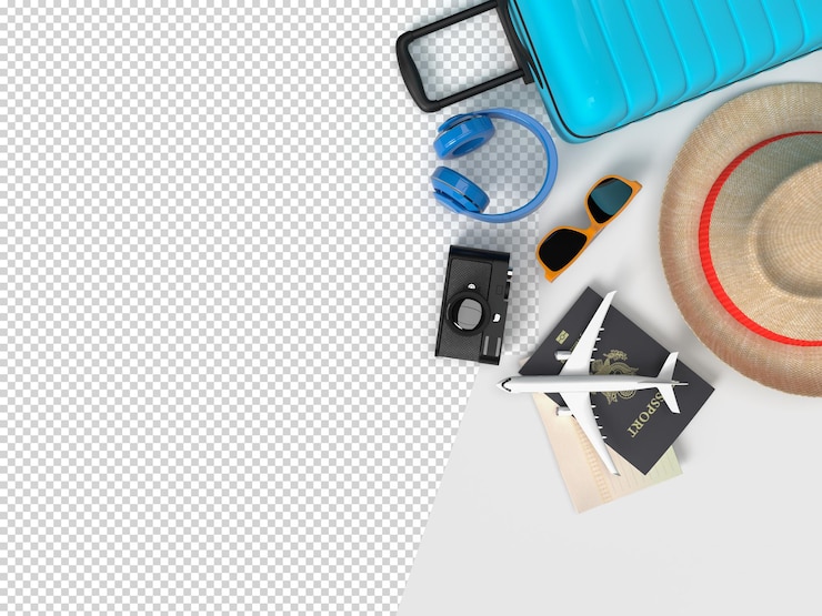 PSD avião e acessórios de viagem itens essenciais de férias aventura e viagem viagem de férias
