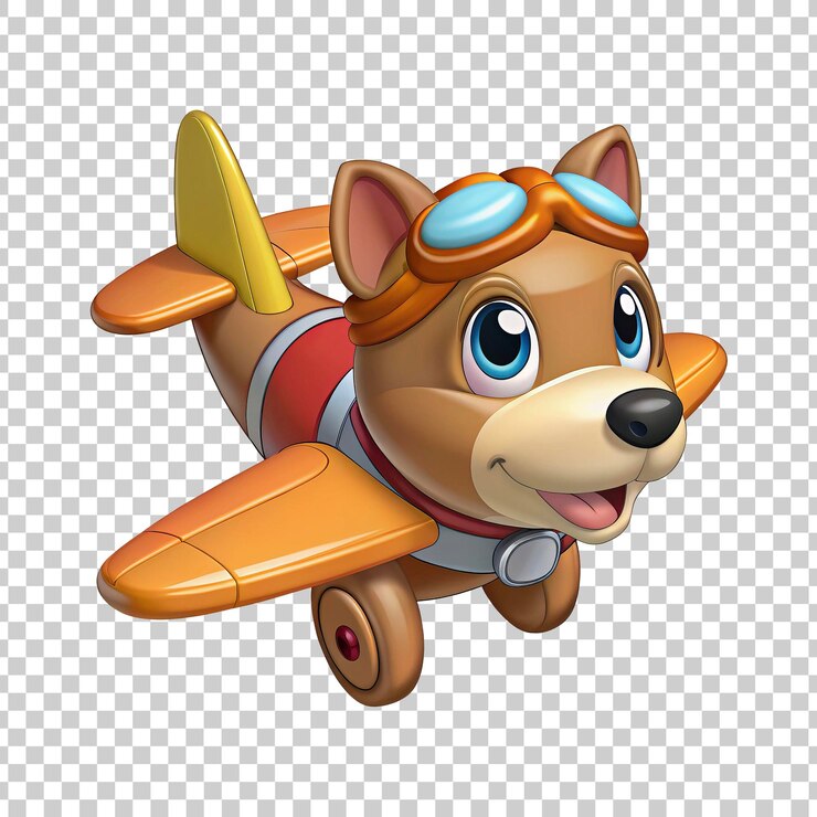 PSD avião piloto de cão de desenho animado com óculos e asas em fundo transparente