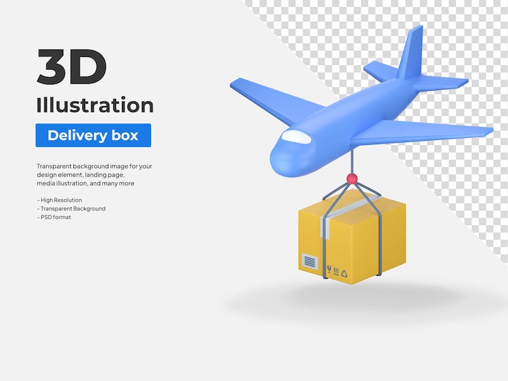 PSD avião que envia a ilustração do ícone 3d do pacote de entrega