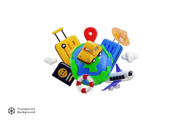 avión 3d con icono de pequeña isla en la maleta icono de globo en el pasaporte icono concepto de icono de viaje