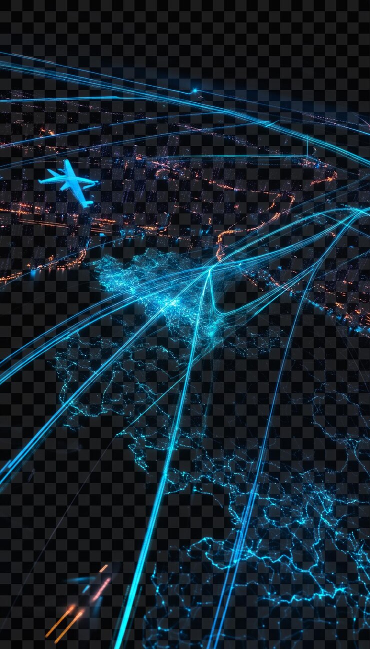 PSD avión azul brillante volando a través del mapa de francia sobre un fondo transparente