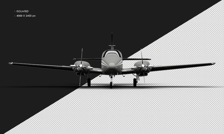 PSD avion bimoteur à double hélice gris brillant réaliste isolé de la vue de face