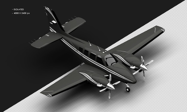 PSD avión de doble motor de doble hélice negro brillante realista aislado desde la vista frontal superior derecha