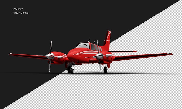 PSD avión de doble motor de doble hélice rojo brillante realista aislado desde la vista del ángulo frontal izquierdo