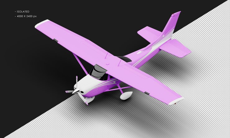 PSD avión ligero de hélice de un solo motor púrpura mate realista aislado desde la vista frontal superior izquierda