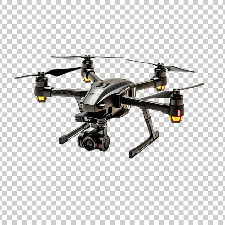 PSD avión no tripulado volador con recorte de cámara aislado en un fondo transparente