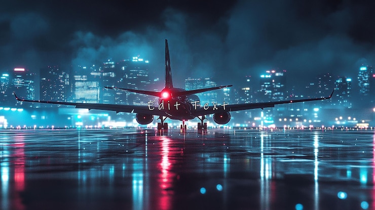 PSD avión en la pista de aterrizaje por la noche luces de la ciudad que se reflejan en el asfalto mojado