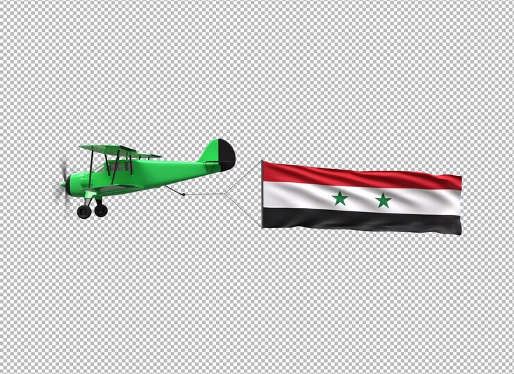 PSD avión volador con bandera de siria en un fondo transparente