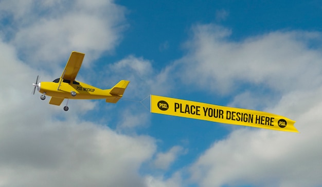 PSD avión volador en el cielo con maqueta de pancarta