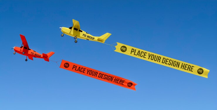 PSD avión volando con pancarta simulada en el aire