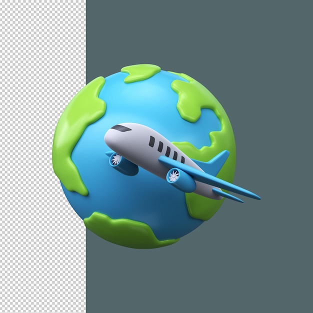 Avión vuela alrededor del planeta Tierra Icono de viaje mundial en 3D