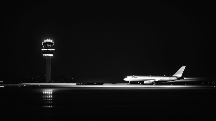 PSD aviones que se desplazan por la noche en la torre de control del aeropuerto