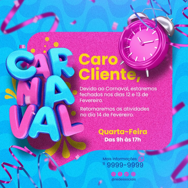 PSD aviso de carnaval de mídia social no brasil modelo de renderização 3d para campanha em português.