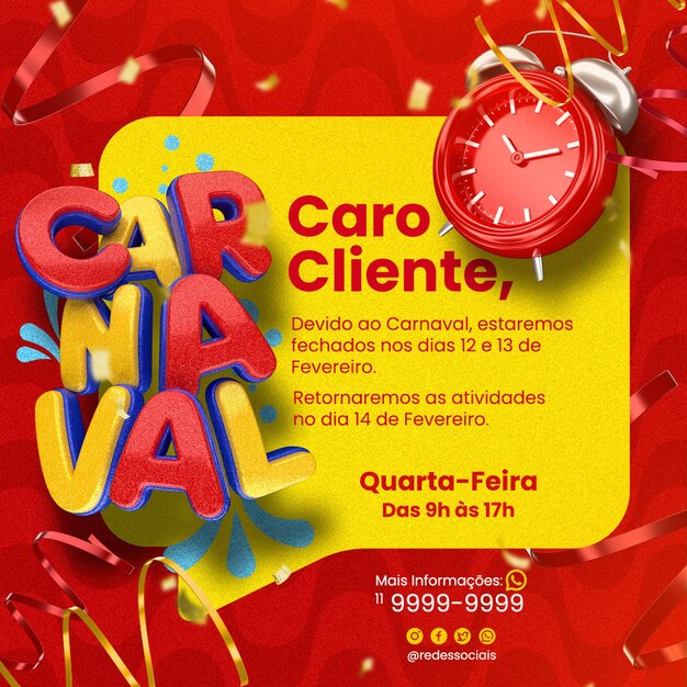 PSD aviso de carnaval de mídia social no brasil modelo de renderização 3d para campanha em português.