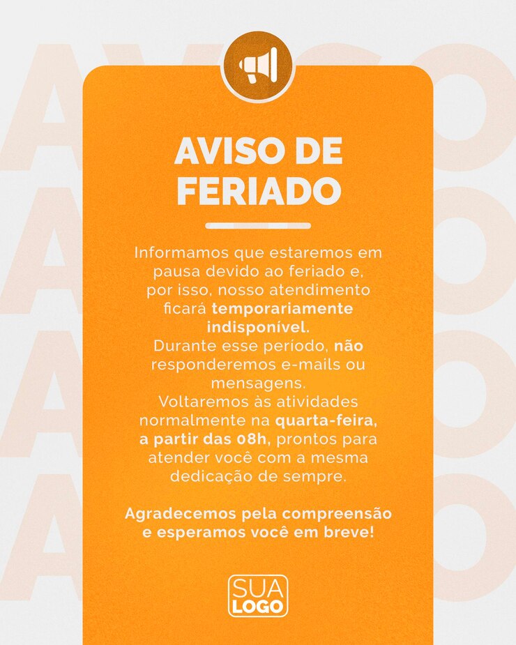 PSD aviso de feriado estabelecimento temporariamente fechado laranja