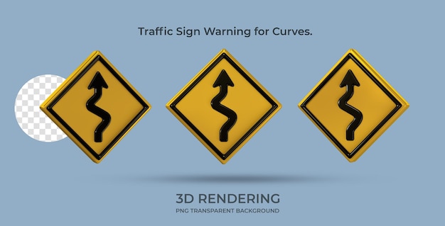 Aviso de sinal de trânsito para curvas renderização 3d fundo transparente