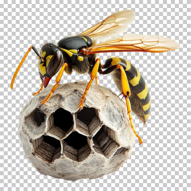PSD avispa construyendo un nido contra un fondo transparente para materiales educativos de estudios de la naturaleza o contenido temático de insectos