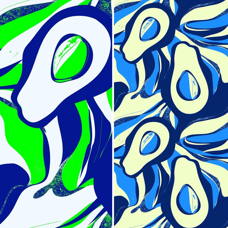 PSD avocado avec une demi-silhouette et un design millénaire avec un vecteur de motif de fruit tropical unique