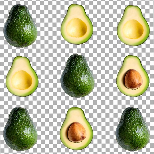 Avocado-frucht auf einem isolierten transparenten hintergrund aufschneiden