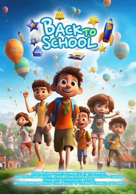 Avventura di ritorno a scuola Poster di personaggi 3D divertenti e felici con amici pronti per un gioioso viaggio scolastico