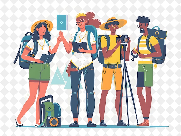 PSD avventuroso scrittore di viaggi con personaggi che esplorano e scrivono png persone nell'illustrazione del lavoro quotidiano