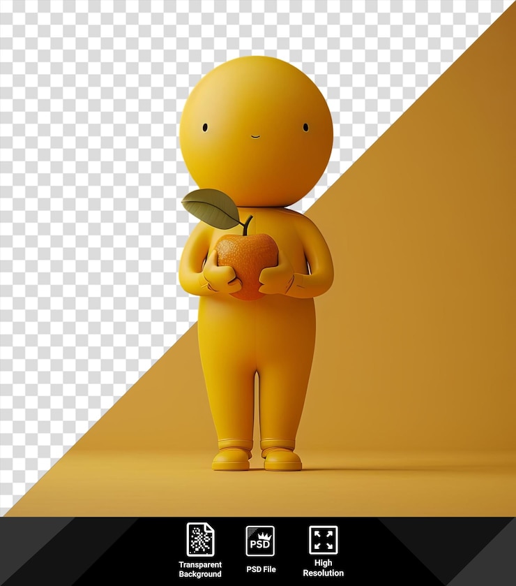 PSD awesome cartoon character holding a piece of fruit with a yellow leg and arm visible in the foreground and a yellow bear in the background