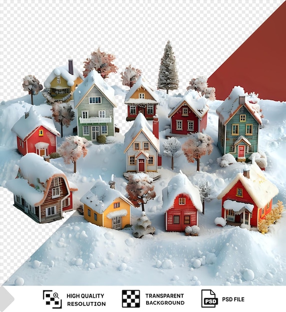 PSD awesome miniature winter holiday houses with snow on transparent background