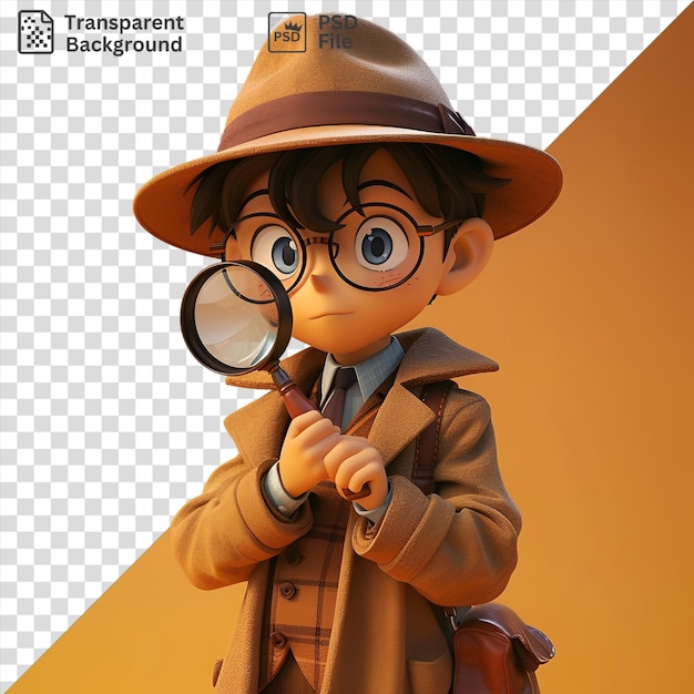 PSD awesome shinichi kudo von detective conan gekleidet in einem braunen mantel und hut hält eine vergrößerungsglase in seiner hand während er vor einer orangefarbenen wand steht er trägt ein silbernes