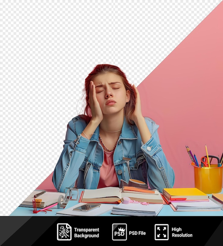 PSD awesome tired with closed eyes putting hand head young female teacher sitting desk with school tools classroom with yellow cup blue jacket red hair silver and gold necklace blue table pink wall