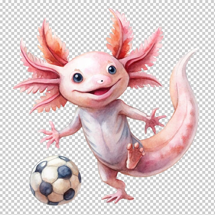 PSD axolotl de acuarela juega al fútbol sobre un fondo transparente