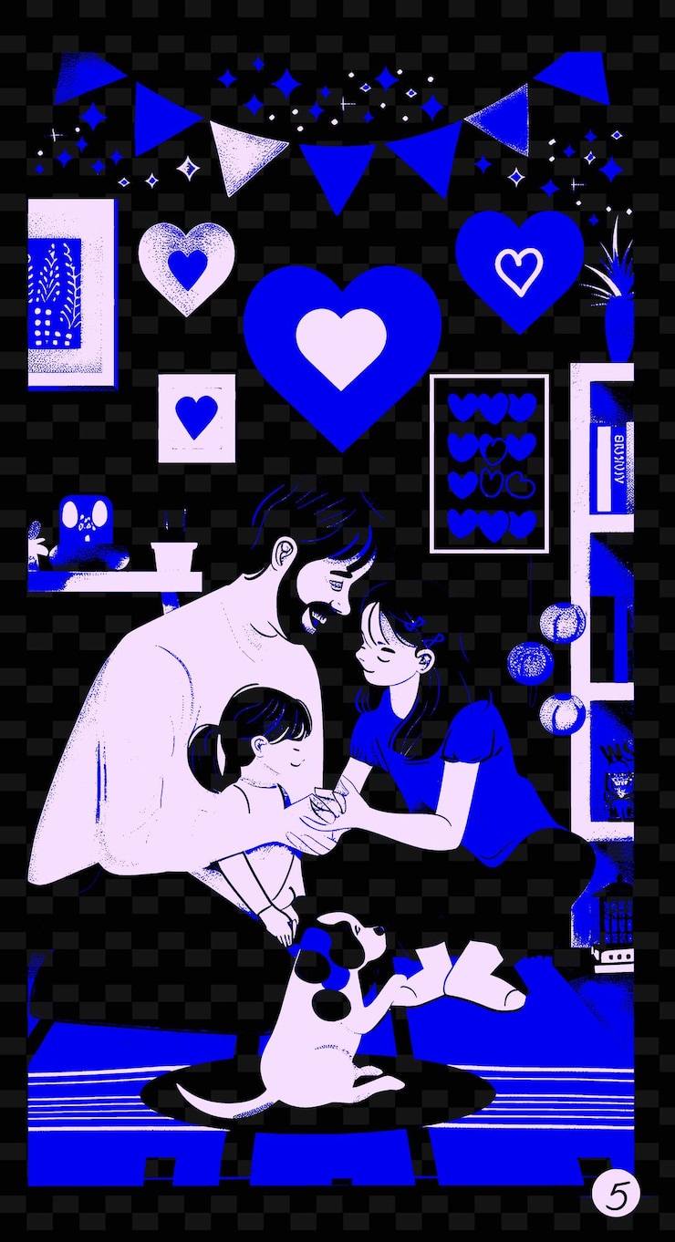 PSD ayah dan anak perempuan bermain dengan anak anjing di ruang keluarga dengan desain karya seni ilustrasi png