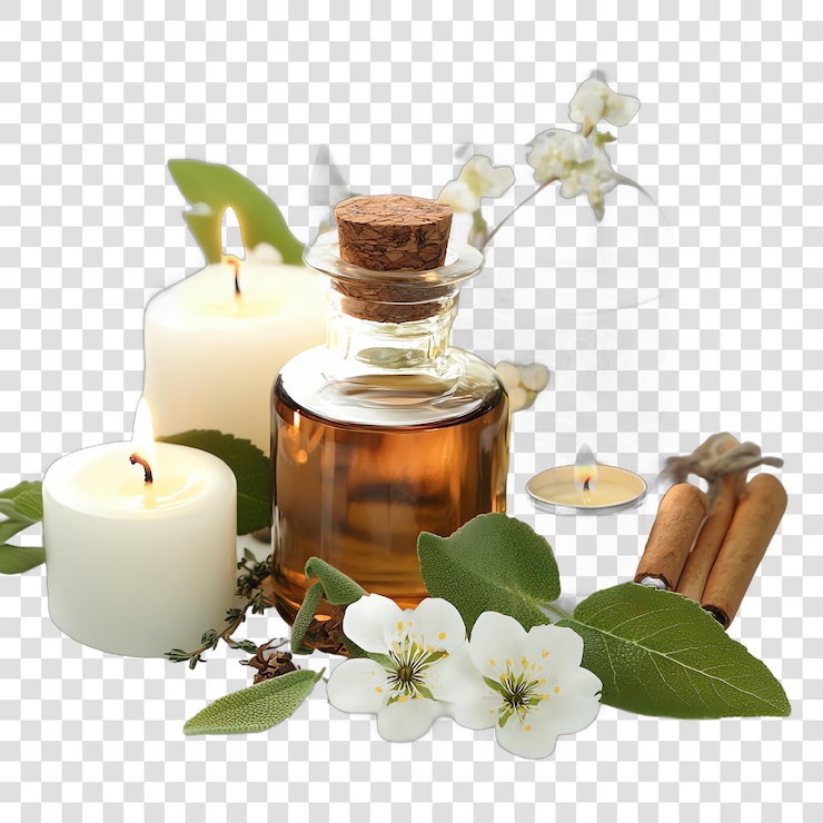 PSD ayurveda-konzeptpaket mit kräutern, ölen, kerzen und blumen, isoliert auf einem transparenten hintergrund