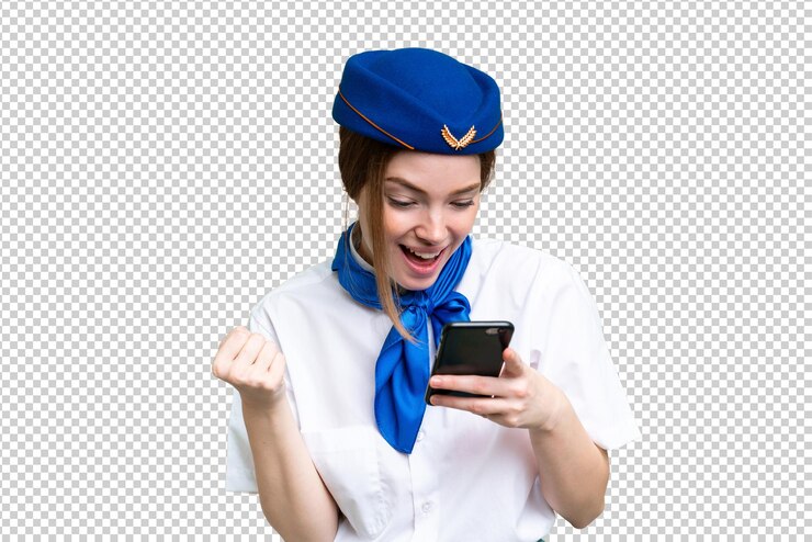 PSD azafata de avión sobre fondo de clave de croma aislada sorprendida y enviando un mensaje