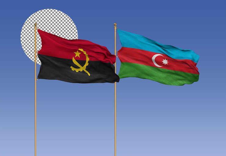 PSD azerbaiyán y angola ondean banderas juntas relaciones bilaterales rendering en 3d