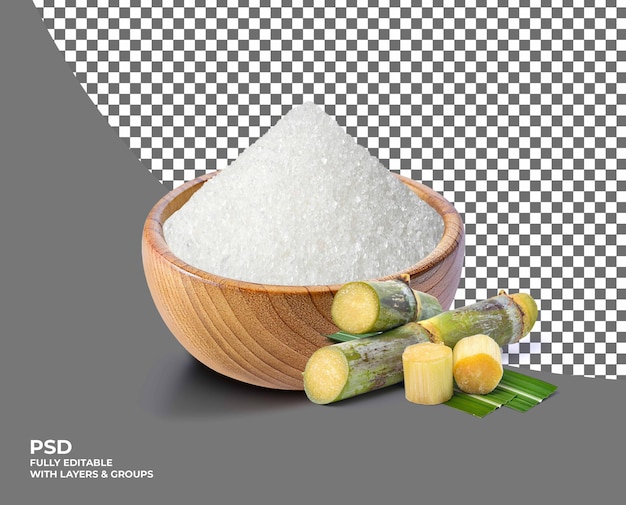 Azúcar blanco en cuenco de madera aislado en el fondo
