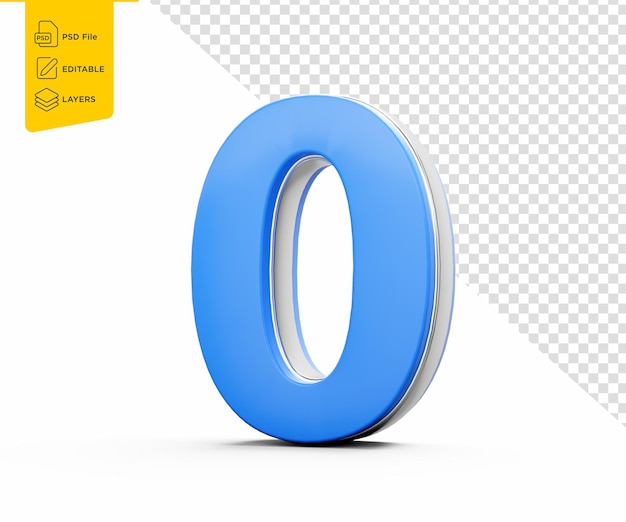 Azul vibrante 0 dígito número cero con un brillante brillo metálico elegante en fondo blanco Ilustración 3d