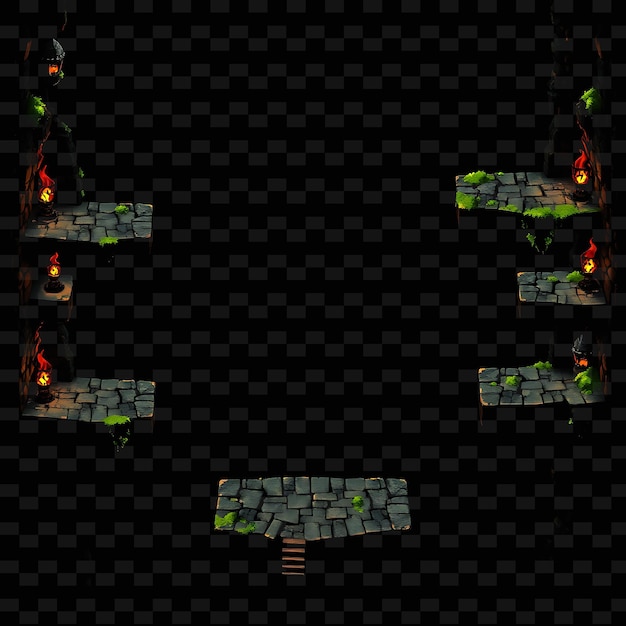 Los azulejos de piedra de píxeles, las rejas de hierro, las antorchas, el musgo, las baldosas de piedra con patrones intrincados, Iron G Game Assetr