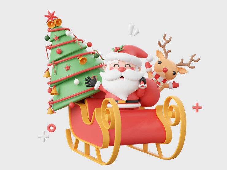 Babbo Natale e renne con slitta e albero di Natale Illustrazione 3d degli elementi a tema natalizio